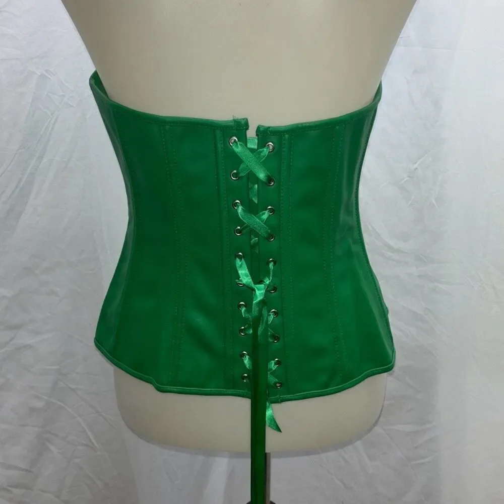 New green corset vegan leather front zip/back lace up Halloween XL - Picture 5 of 8